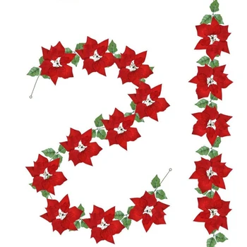 

2Pcs Artificial Christmas Poinsettia Garland with Holly Leaves and Berries for Christmas Party Front Door Wreath Decor
