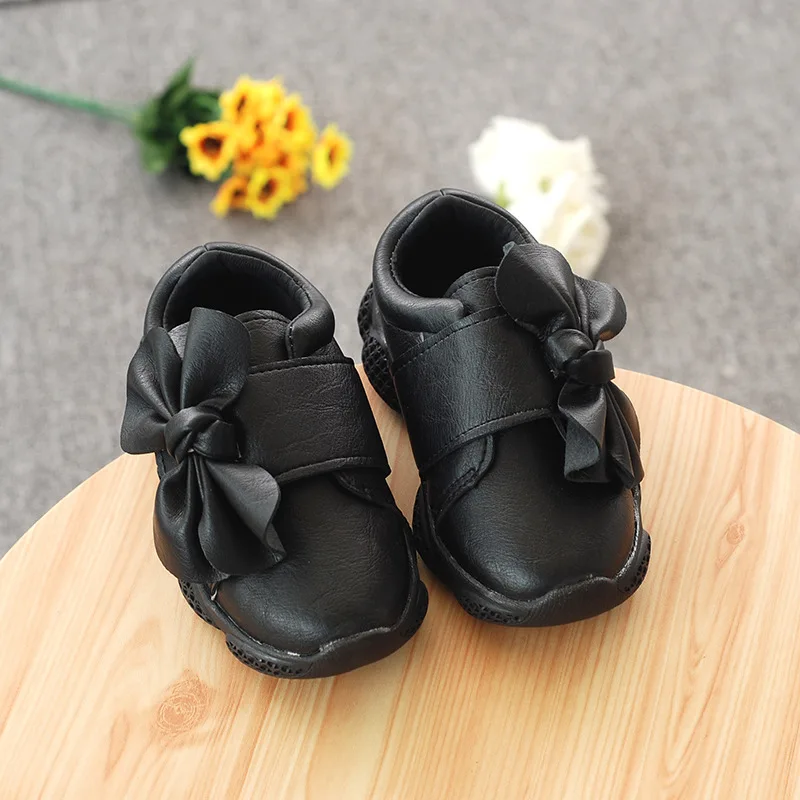 Обувь с бантом для девочек; повседневные спортивные кроссовки; сезон весна-осень; детская обувь; детские кроссовки для девочек; однотонные простые балетки; обувь на мягкой подошве - Цвет: Black