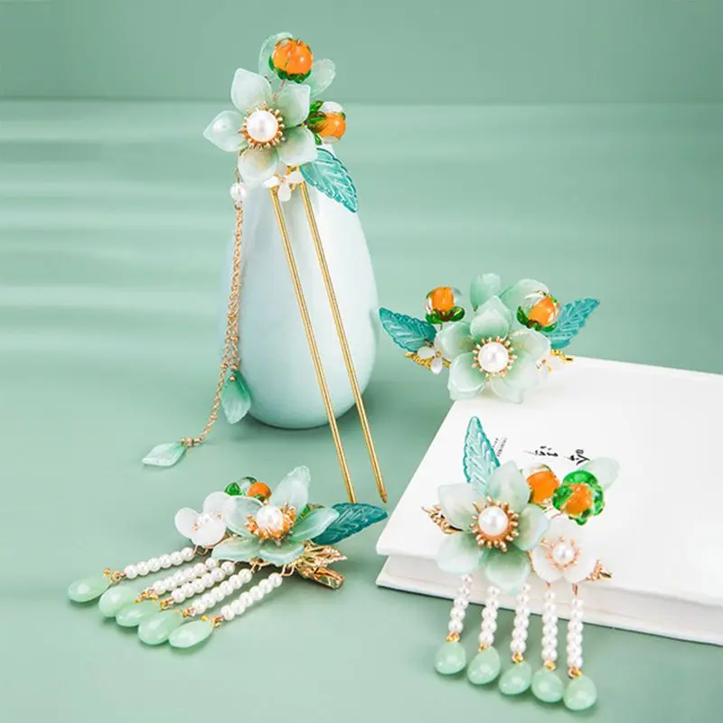 

Hanfu Hair Accessory Set Chinese Style Jewelry Set Ancient Vintage Green Hairpin Hair Forks Green Hair Accessories for Women