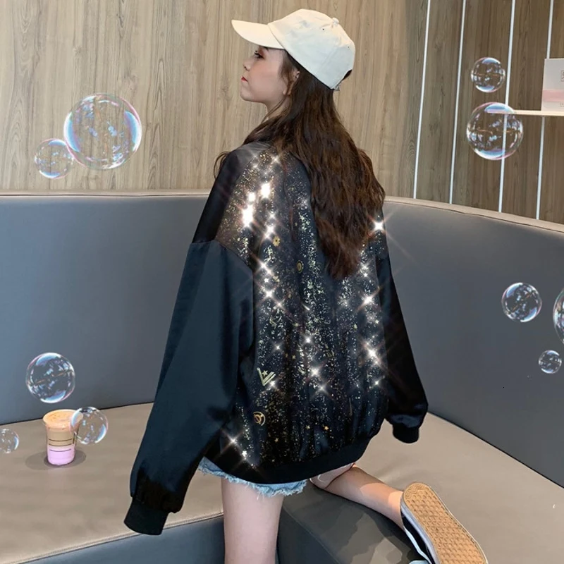 Bling для женщин блёстки длинная секция бейсбольное пальто свободный стиль блестящая рабочая одежда куртка женские весенние куртки Топ