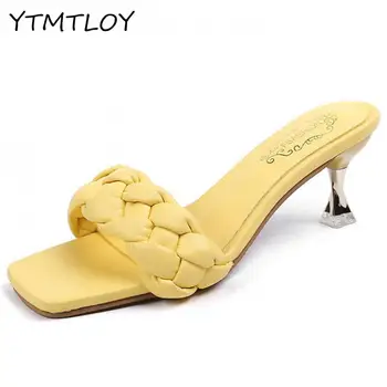 

Stylish Women Square Toe Slides Summer Leather Mules Sexy High Heel Slippers Ladies Rome Woven cross decoration Zapatillas Casa