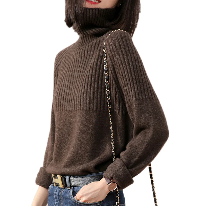

Woman Fashion Knitted Sweaters Vintage Hight Neck Long Sleeve Ribbed Autumn Winter Female Pullover Chic Tops