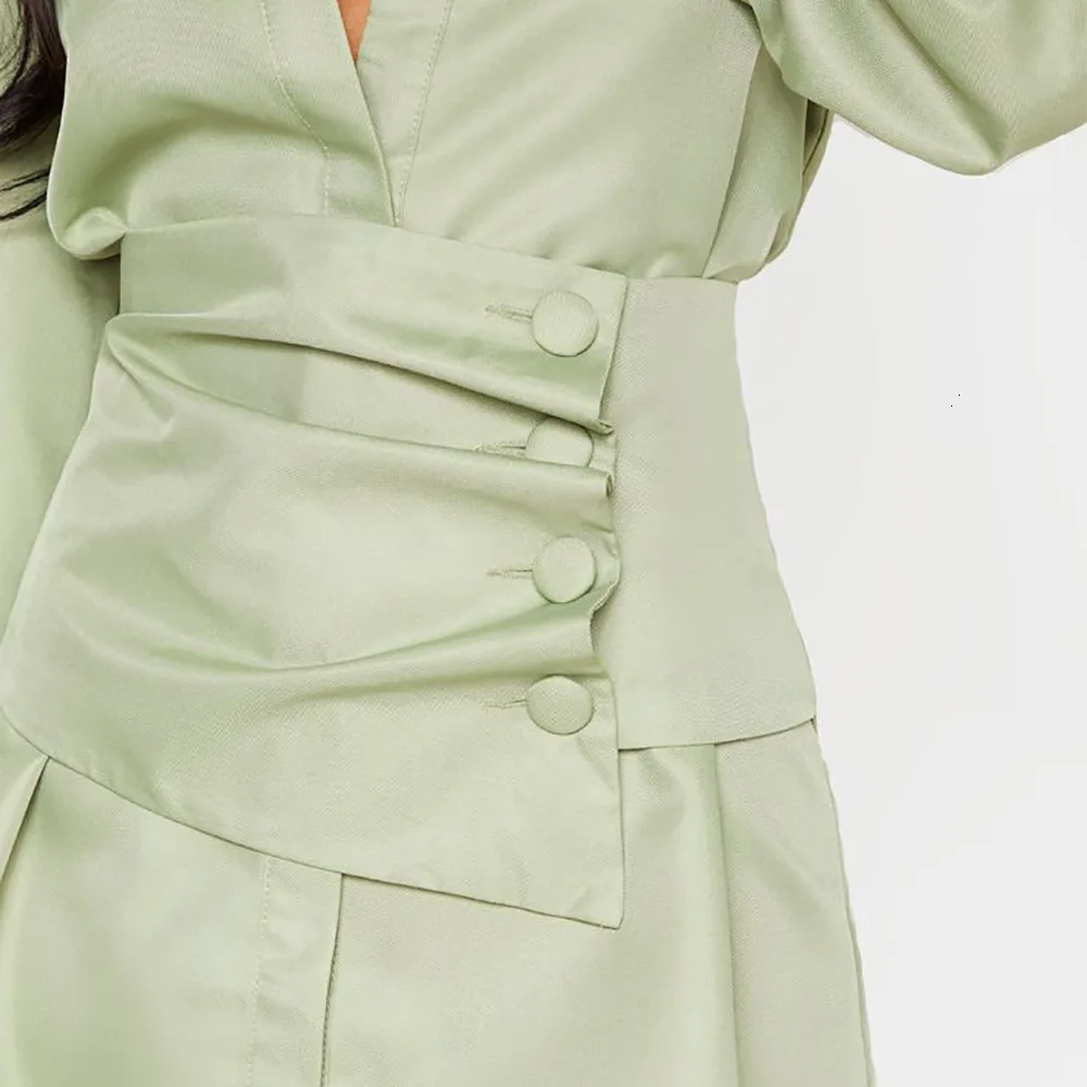 DEAT Весна Длинный фонарь рукав пуговицы V шеи зеленый тонкий короткий Мини платье для женщин MG843