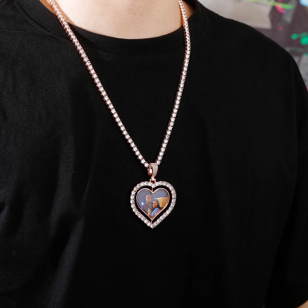 TOPGRILLZ Heart Shaped Custom Photo Spin Double Sided Medallion Pendant Necklace With 4mm Tennis Chain Zircon Hip Hop Jewelry