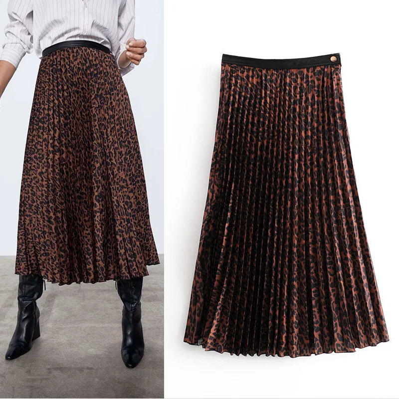 CFK, Женская плиссированная юбка длиной до лодыжки, леопардовая, зернистая, хлопок, пэтчворк, ПУ, новинка, осенняя, коричневая, свободная, повседневная, шикарная, нижняя часть