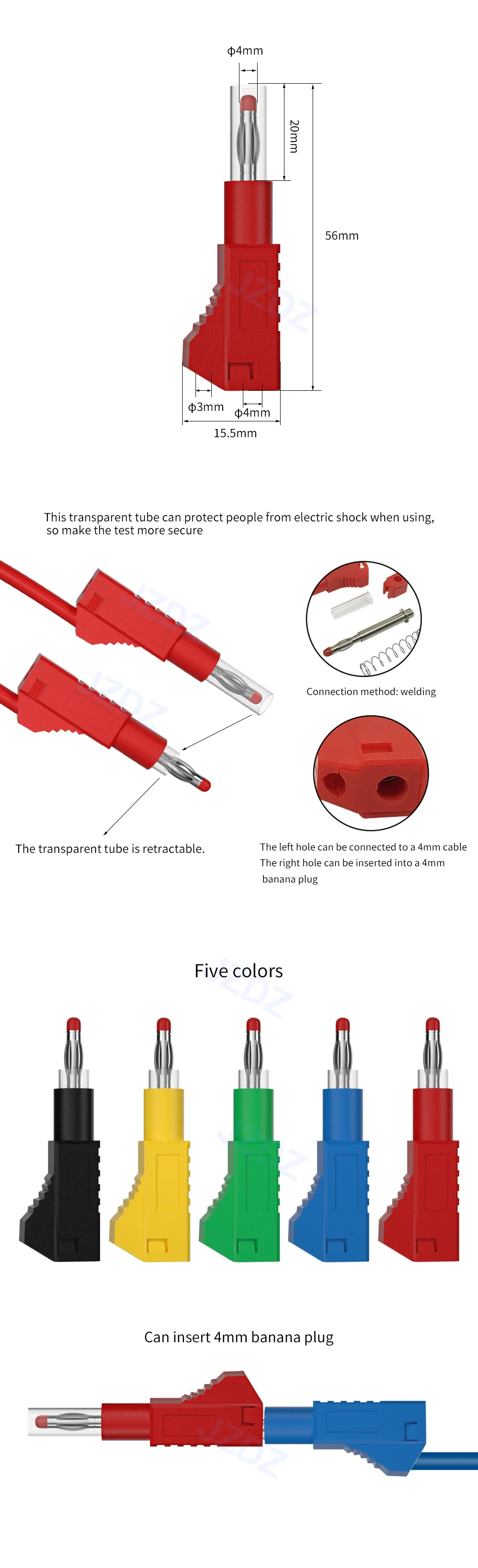 10pcs 4mm Banana Plugs: Safety Retractable, Stackable Male Connectors for DIY Electrical Projects (Model: J.10043) Description Image.