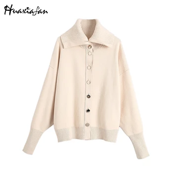 

Huaxiafan Sweater Beige Cardigans Button Solid Color Turn Down Collar Autumn Winter Femme Outwears Warm Sweaters Cardigans