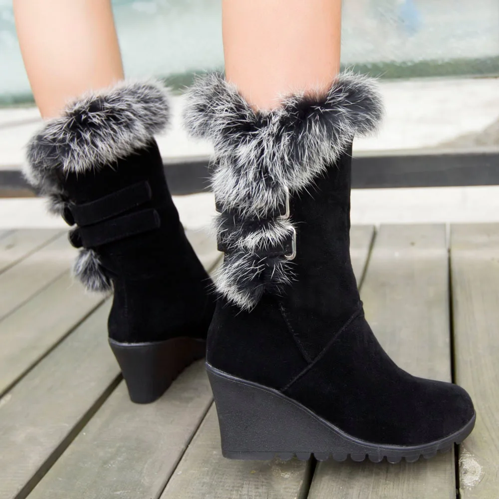 Новые зимние женские ботинки теплые женские ботинки на меху на танкетке с ремешком и пряжкой Повседневная модная обувь женские кроссовки, размеры 34-43