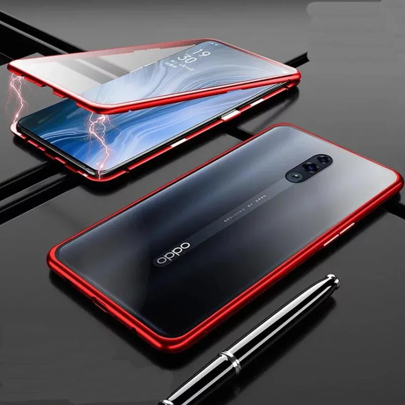 Двойной закаленное стекло Магнитный чехол для телефона OPPO Reno 2Z 2F 10X Zoom R11 R11S R15 X R17 Plus Realme X2 3X5 XT Lite Pro Q - Цвет: Красный