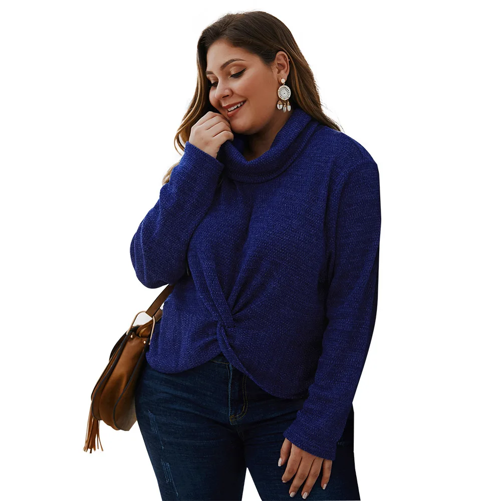

Autumn Plus Size 3XL 4XL Blue Sweater Women Turtleneck Long Sleeve Knitted Criss-Cross Loose Big Size Tops Pullovers Ladies