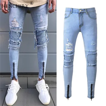 

HENCHIRY New Fashion Hole Jeans Men's Long Trousers Skinny Ripped Distressed Jeans Denim Pants Frayed Pencil Pants Dropshopping