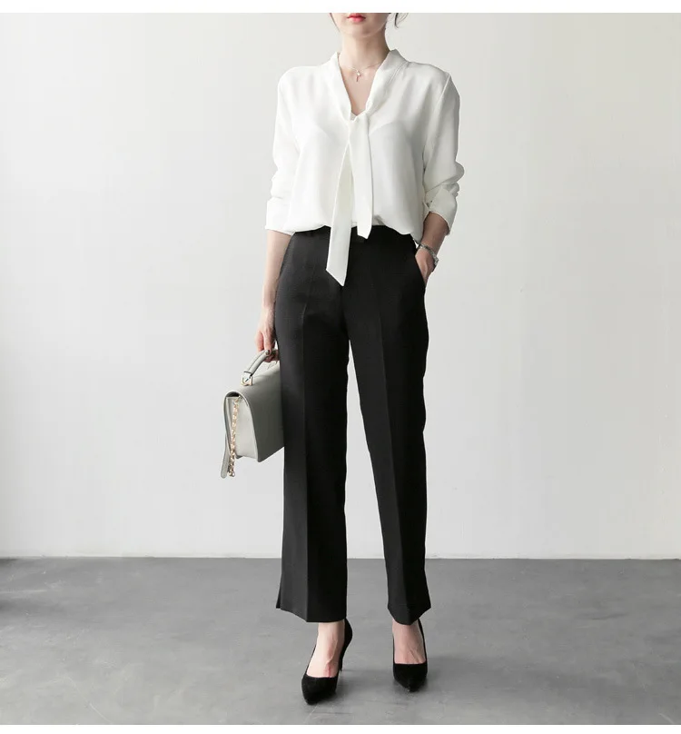  2018 Spring New Style Fashion Elegant Simple V-neck White Shirt Long Sleeve Loose-Fit Bow Chiffon B
