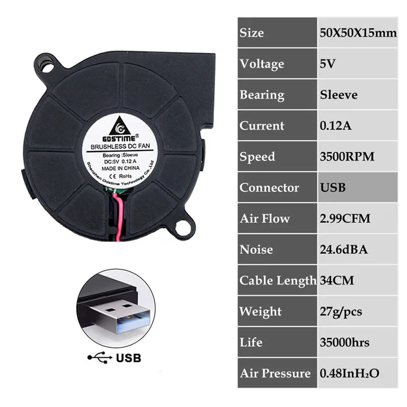 2 шт. Gdstime 5 в 12 В 24 В 5015 двойной шарикоподшипник 3d принтер 50x50x15 мм вентилятор охлаждения постоянного тока 50 мм x 15 мм Длинный кабель воздуходувы кулер радиатор - Цвет лезвия: Blow0.12A5015S5VUSB