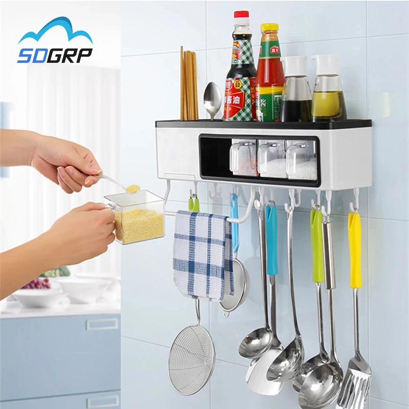 

NEW Kitchen Wall Hanging Free Punch Rack Seasoning Jar Spice Oil Bottle Tableware Kitchenware Bathroom Storage Rack Organizer