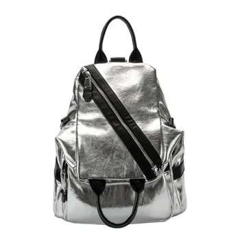 

Fashion Soft Leather Backpack Women 2019 Real Leather Silver Travel Bag Hot Brand Designer School Bags for Teenage Girls