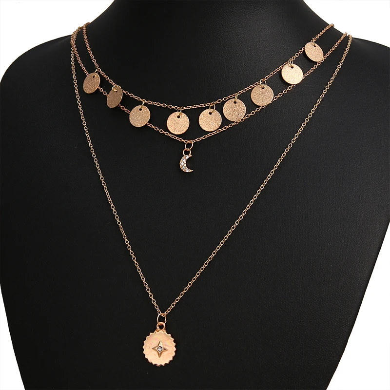 Bohemian Moon Sun CZ Pendant Necklace For Women Gold Multi Layer Pendant Sweater Chain Fashion Ladies Party Jewelry