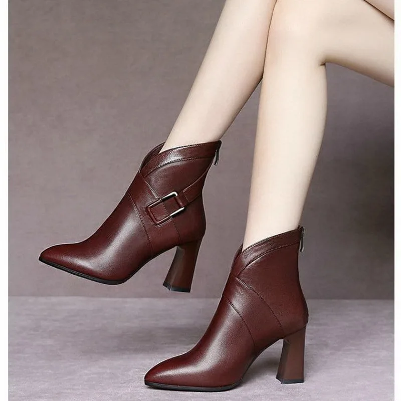 Microfiber Leather Short Boots Female Ankle Boot Women's Shoes British Style Pointed Toe Buckle Square Heel Footware Brown Black