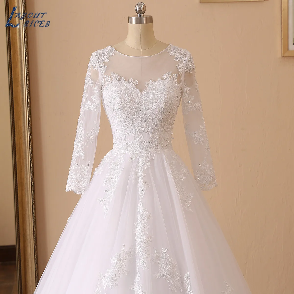 LAYOUT NICEB Mangas Compridas Vestido De Casamento Elegante Lace Appliques Beads Vestido De Noiva Sexy Ilusão Back Ball Gown Nupcial Tulle vestido de casamento de mangas longas elegantes contas de estiramento Vestido D