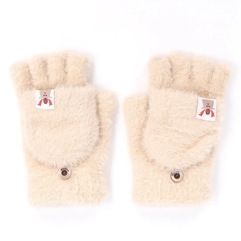 Beige Новые женские зимние перчатки милые перчатки пальцы половина пальцев Вязаные перчатки мохер теплые пуговицы открытые перчатки с откидным верхом - Цвет: Beige
