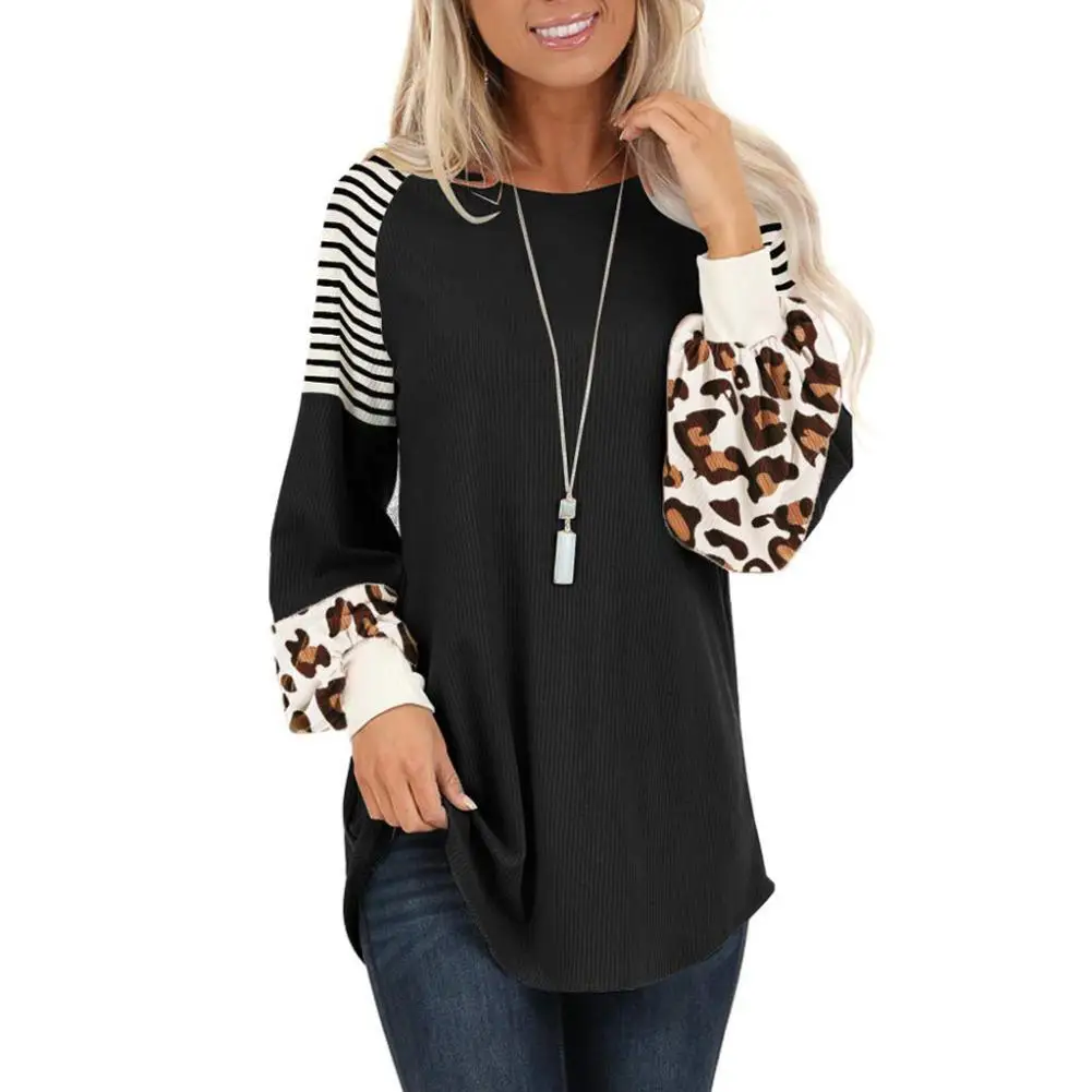 

Chic Womens Shoulder O Neck Long Puff Sleeve Leopard Stripes Print Pullover Loose Ladies down coats