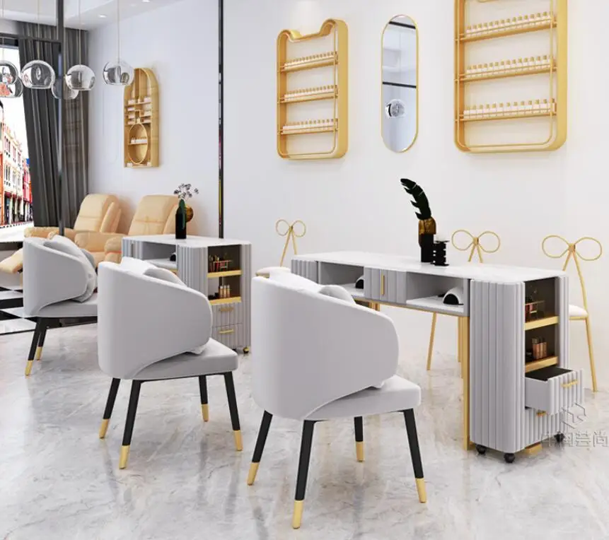 Net red gold manicure table and chair set simple modern marble double deck manicure shop manicure table manicure table and chair set marble table top beauty single double manicure table simple modern iron table