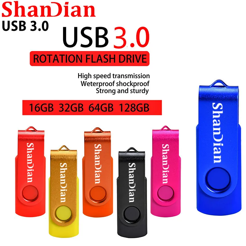 SHANDIAN-unidad Flash USB de rotación, Pendrive de Metal de 128GB, 3. 0, 64GB, 32GB, 16GB, 8GB, 4GB, unidad Flash de alta velocidad