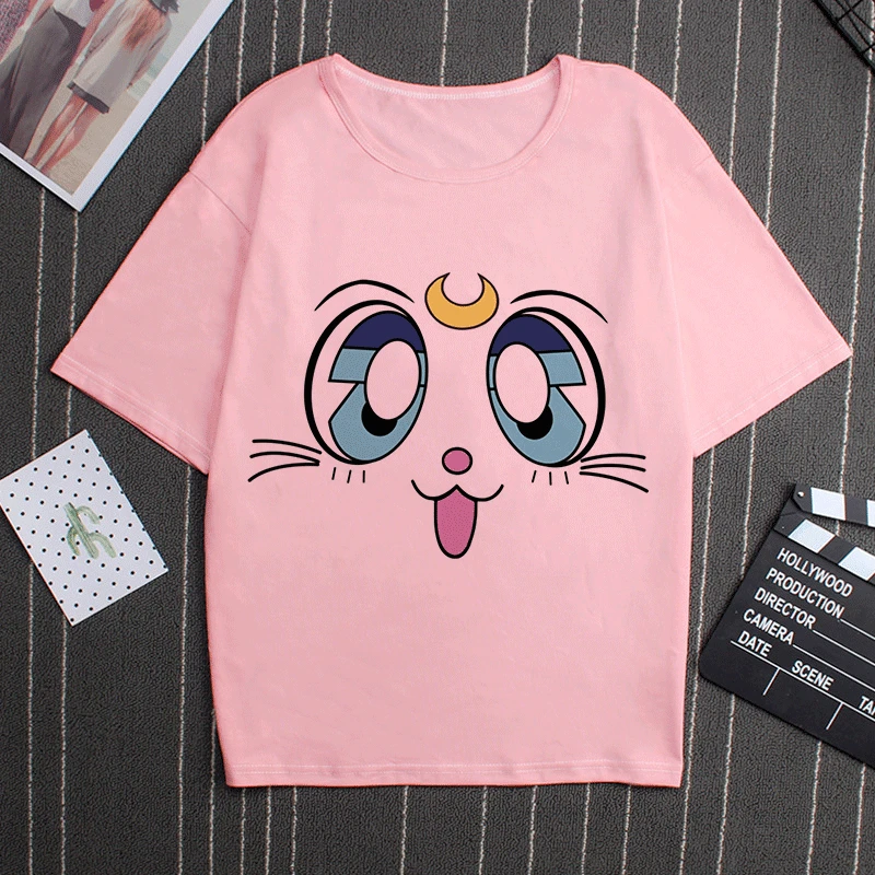 Sailor Moon 90s Funny Pink T Shirt Harajuku Clothes Tshirt Aesthetic Cat Anime Vogue T-shirt Kawaii Graphic Tees Ullzang Women