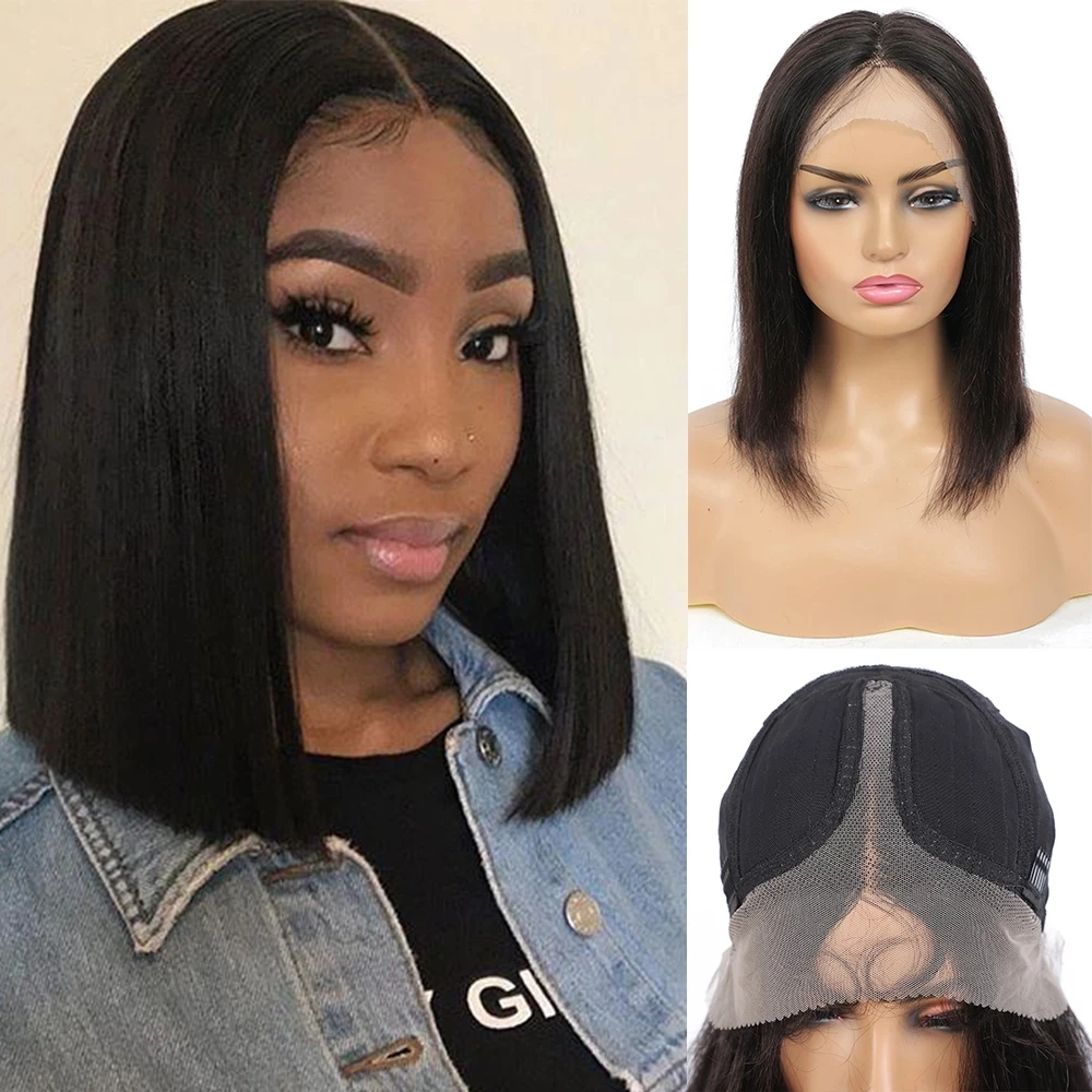 Natural Color Straight Hair Lace Wigs Brazilian Human Hair T/L Part Bob Lace Closure Frontal Wigs 8-16Inch 150% Density EUPHORIA