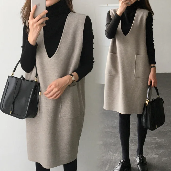 

200 Wearable Woolen Vest Women's Base Shirt Autumn And Winter Plus-sized Mid-length Jumper Dress Two-Piece Set Women's