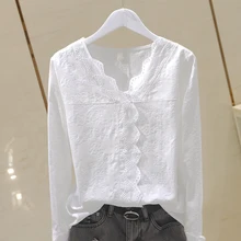 

Lace Cotton Women Blouse 2022 Summer New V-Neck Long-Sleeved Slim Solid Lady Elegant Pulls Tops Top Quality