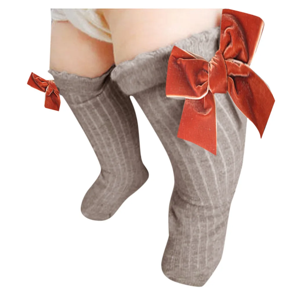 Autumn Winter New Born Baby Kids Soft Cotton Stockings Solid Color Girls Infant Warm Bowknot Leggings Knee High Sock