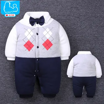 

Newborn Baby Rompers Winter Thicken Cotton Tie Gentleman Suit Bow Leisure Body Suit Clothing Toddler Jumpsuit Baby Boys Clothes