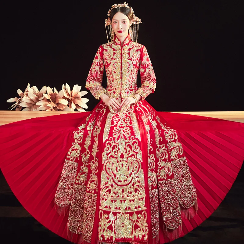 

FZSLCYIYI Bride Wedding Cheongsam Red Traditional Chinese Wedding Gowns Embroidery Qipao Dress Traditional Wedding Hanfu