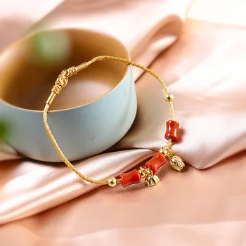 

S925 Sterling Silver Ornament Gold-Plated Women's Red Agate Bracelet