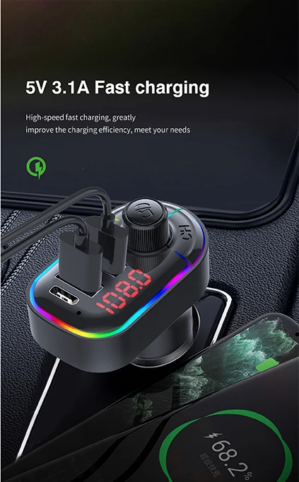 Bluetooth 5.0 FM Transmitter Car Kit MP3 Modulator Player Wireless Handsfree Audio Receiver Dual USB Fast Charger Ambient Light