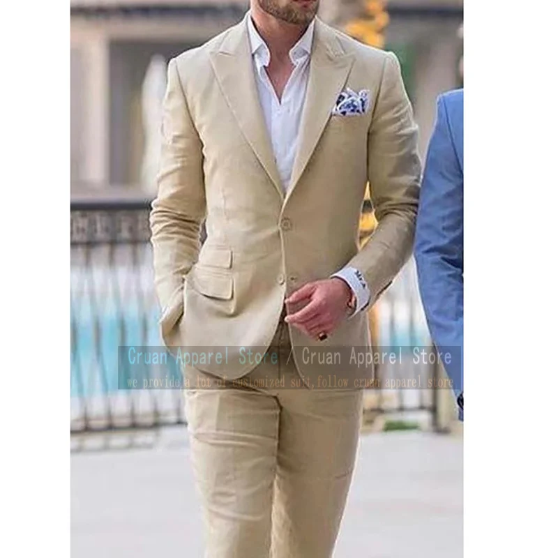 Custom Made Classic Beige Linen Suits Men Set Slim Fit Prom Wedding