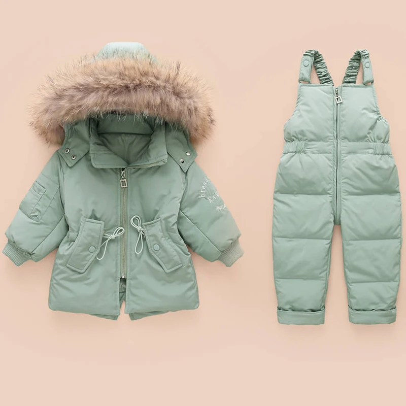 Пуховое пальто с натуральным мехом, куртка с капюшоном+ комбинезон, детская одежда для маленьких девочек и мальчиков, пальто, парки, комплект зимней одежды из 2 предметов - Цвет: light green