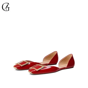 

GOXEOU Women's D'orsay Flats Patent Leather Red Metal Button Comfortable Simple Casual Business Fashion Lady Shoes Size 32-46