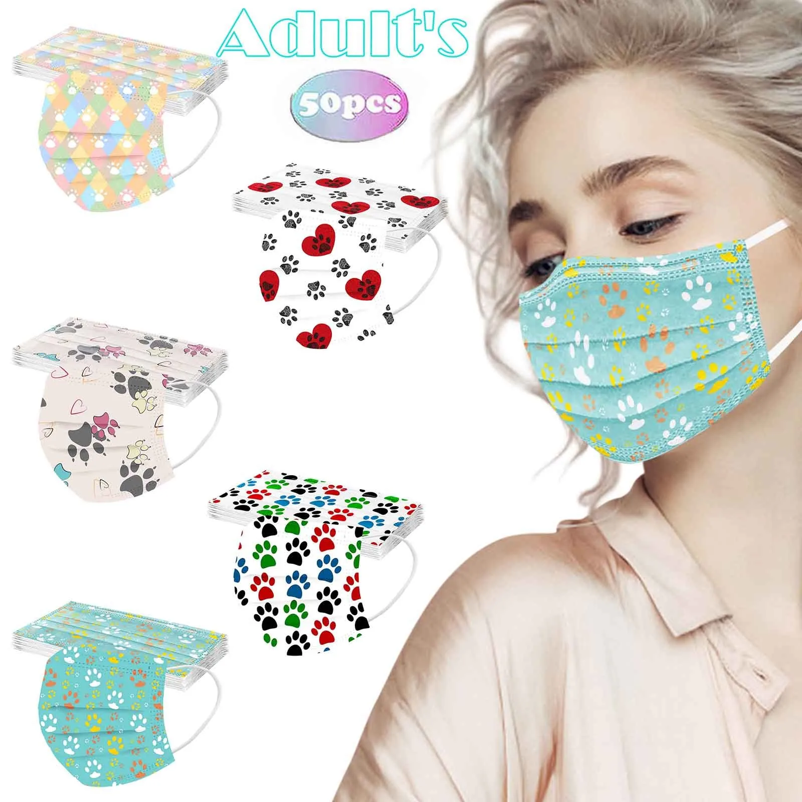 10/50pcs Adult Disposable Face Mask Dog Paw Pattern Breathable Mouth Mask Outdoor 3 layer Health Disposable Mask Mascarillas 3