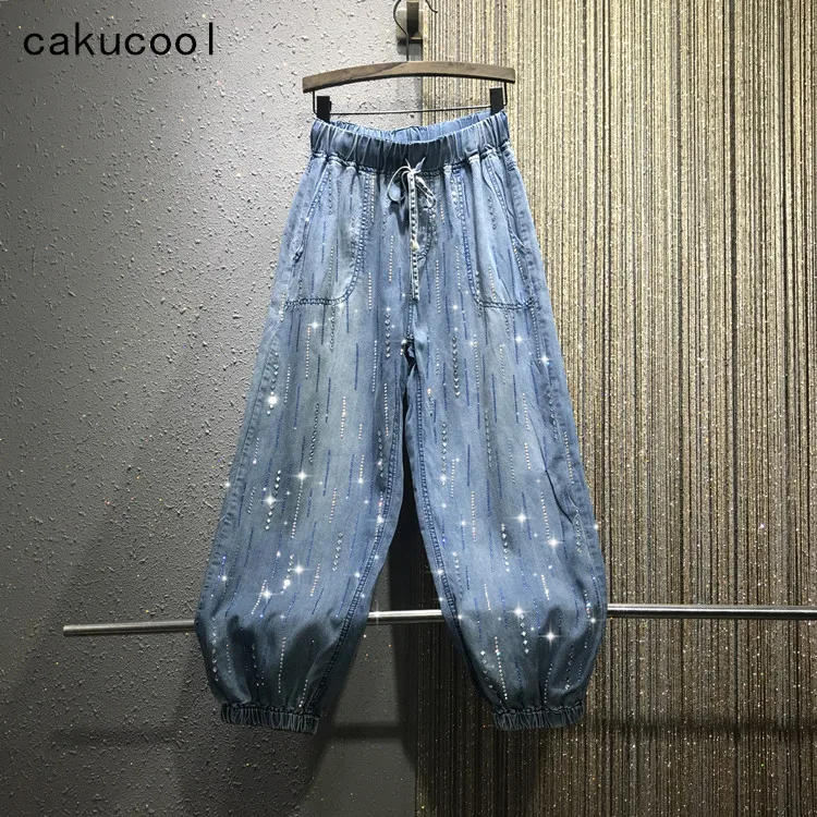 

Cakucool Vintage Frayed Jeans Diamonds Beading Sequined Harem Pant Elastic Waist Loose Large Size Chic Jeans Casual Capris Femme