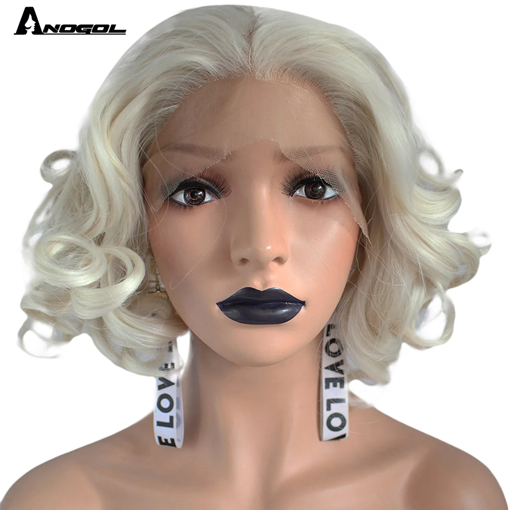 Anogol High Temperature Fiber Deep Peruca Perruque Short Body Wave Full Hair Wigs Platinum Blonde Bob Synthetic Lace Front Wig