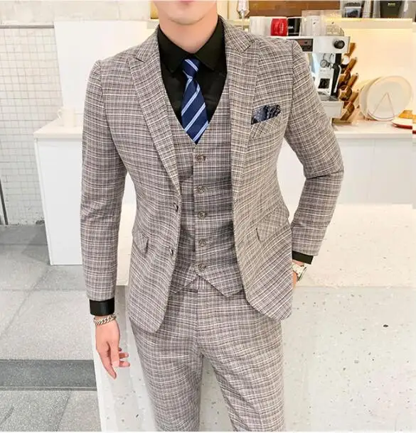 acket Pants Vest 3 pieces sets / fashion new men's casual boutique business grid suit suits Blazers trousers waistcoat 5XL - Цвет: Light yellow