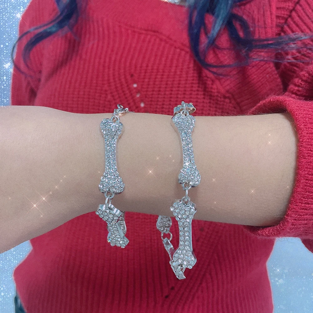 2022 Bone Necklace Iced Out Crystal Choker Necklaces Hip Hop Bone Element Clavicle Chain Men's Women's Gothic Party Jewelry
