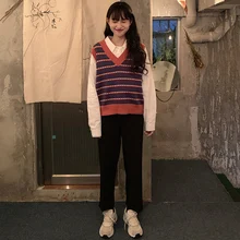 Повседневные свободные модные базовые полосатые винтажные Универсальные женские свитера с v-образным вырезом