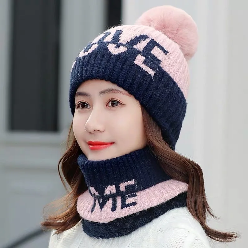 2 шт. помпон зимние шапочки Толстая шляпа Женская защита для ушей Skullies Beanie шапка лыжный шлем женский теплый шерстяной вяз - Цвет: Розовый