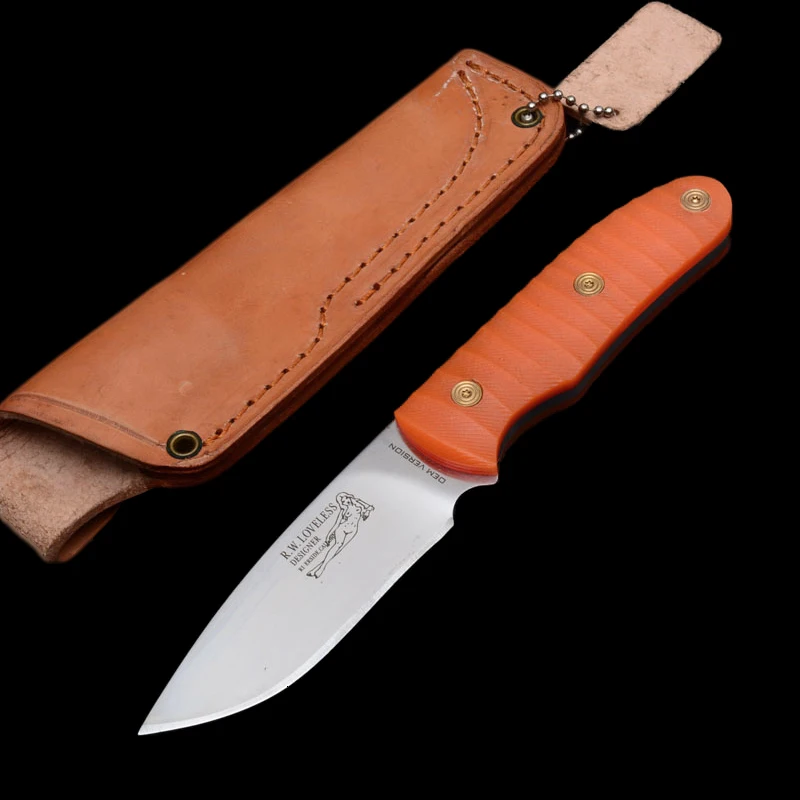 

DuoClang High Quality Double-sided Pattern 9Cr18Mov Steel,Orange Red G10 Handle Fixed Blade Knife for Survival