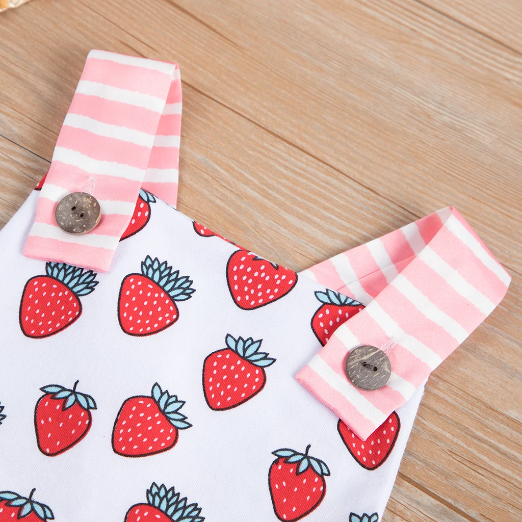 PatPat Baby Strawberry Print Striped Overalls Bodysuit Button Closure Summer Cotton Casual Party Printing Sling Romper