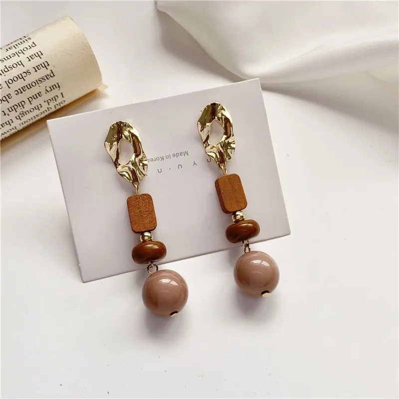 

S925 Silver Needle Japanese-style Retro Brown Color Logs Resin Ball Earrings Korea Elegant Simple GIRL'S Ear Stud For Women