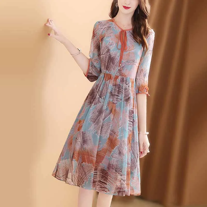 

Summer Silk Dress Mulberry Silk 2019 New Style Mid-length Elegant Slim Fit Non-mainstream Printed A- line Skirt Hot Selling