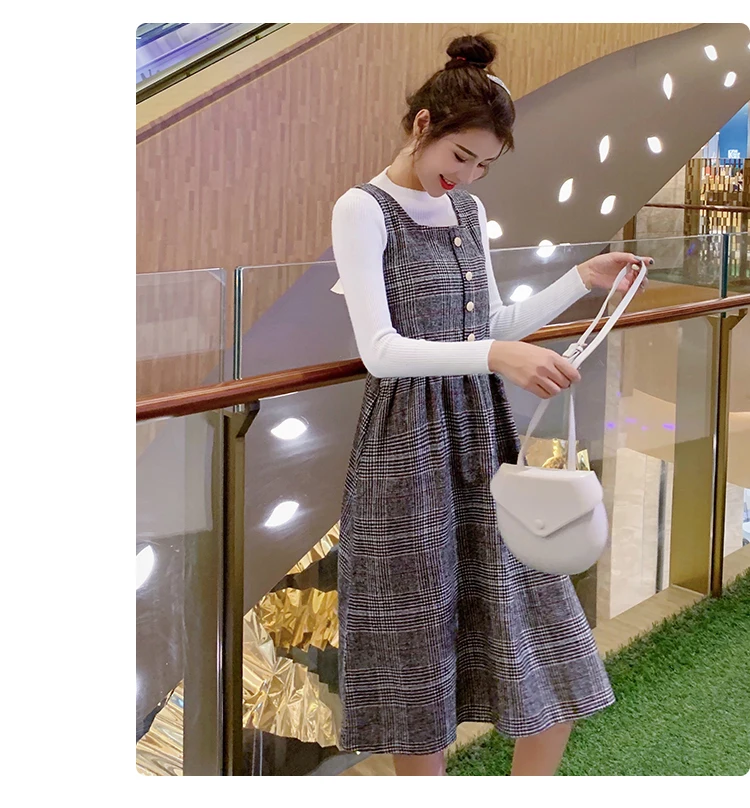 Осень Зима корейская мода для беременных платье в клетку свободное платье на бретелях+ нижняя трикотажная рубашка для беременных женщин беременность